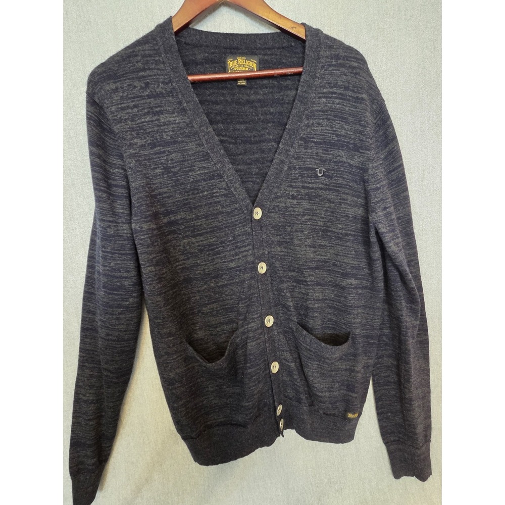 True Religion Cardigan Wool‎ Sweater Men's XL Button Up Preppy Charcoal Academia